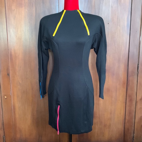 80s Black Knit Scuba Dress with Neon Zippers 4 - Picture 1 of 7